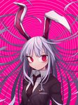  @_@ animal_ears bunny_ears hypnosis jacket jpeg_artifacts long_hair long_sleeves looking_at_viewer marimo_tarou mind_control necktie pink_background red_eyes reisen_udongein_inaba ringed_eyes shirt solo touhou upper_body 