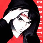  black_eyes black_hair body_writing closed_mouth eyelashes forehead hand_in_hair hand_on_own_head heterochromia hood hoodie ilya_kuvshinov light_frown long_sleeves male_focus original pale_skin portrait red red_background solo text_focus 