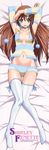  :p absurdres arm_warmers armpits arms_up ass_visible_through_thighs bed_sheet breasts brown_hair cleavage code_geass dakimakura detached_sleeves full_body green_eyes highres knees_together_feet_apart legs long_hair long_legs lying medium_breasts midriff navel official_art on_back shirley_fenette short_shorts shorts sleepwear smile solo tabata_hisayuki thigh_gap thighhighs tongue tongue_out white_legwear 