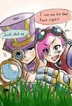  :d absurdres blue_eyes blush breasts brown_hair caitlyn_(league_of_legends) catnap_knight_kureto cheek-to-cheek choker cleavage commentary english frown goggles goggles_on_head grass gun hat highres league_of_legends mechanical_arm multiple_girls open_mouth pink_hair purple_eyes rifle scope shaded_face smile sniper_rifle top_hat v-shaped_eyebrows vi_(league_of_legends) weapon 