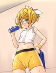  1girl absurdres bike_shorts blonde_hair blue_eyes blush cameltoe dutch_angle female kagamine_rin kitsunerider looking_at_viewer navel rolled_sleeves short_hair solo spats steam sweat tied_hair towel vocaloid water_bottle wristband wristbands 