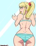  1girl against_glass artist_name bare_shoulders blonde_hair blue_eyes bra from_behind long_hair looking_at_viewer looking_back metroid navel nintendo open_mouth panties ponytail samus_aran simple_background solo zeromomentai 