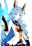  animal_ears bangs bare_shoulders belt blue_hair breasts buttons chain collar dress embroidery erune eyebrows eyebrows_visible_through_hair ferry_(granblue_fantasy) frills gloves granblue_fantasy hair_between_eyes hand_up jewelry long_hair looking_to_the_side revealing_clothes side_cutout sideboob single_earring sleeveless sleeveless_dress small_breasts sohin solo star very_long_hair 