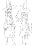  belt boots character_sheet cosmic_bear glasses greyscale hair_over_shoulder hat hidden_eyes hood knee_boots little_witch_academia monochrome opaque_glasses ponytail smile translation_request ursula_charistes wand wide_hips wide_sleeves witch_hat 