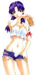  1girl alcohol bare_legs beer groin katsuragi_misato midriff navel neon_genesis_evangelion neon_genesis_evangelion_anima panties purple_hair scar short_shorts solo tank_top utatane_hiroyuki 