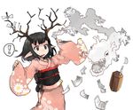  1girl 2012 antlers black_eyes chinese_zodiac commentary_request dragon eastern_dragon happy_new_year japanese_clothes kasa kimono new_year obi original pointy_ears sash spoken_exclamation_mark sweatdrop white_background wide_sleeves year_of_the_dragon 
