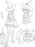 1girl belt boots breasts cape_removed character_request character_sheet choker cleavage cosmic_bear detached_sleeves detail greyscale hat how_to lineart little_witch_academia messy_hair monochrome navel navel_cutout pleated_skirt shiny_chariot short_hair skirt smile thighhighs translation_request wide_sleeves witch_hat 