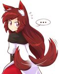  1girl afterimage animal_ear_fluff animal_ears brown_hair commentary dress eyebrows imaizumi_kagerou looking_at_viewer red_eyes simple_background solo spoken_ellipsis tail tail_wagging touhou white_background wolf_ears wolf_tail wool_(miwol) 