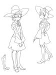  boots character_sheet cosmic_bear freckles glasses greyscale hands_on_lap hat hood hoodie knee_boots lineart little_witch_academia lotte_jansson monochrome short_hair skirt smile solo wide_sleeves witch_hat 