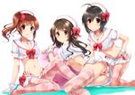  ass black_hair blush bow breasts brown_eyes brown_hair cleavage hat idolmaster idolmaster_cinderella_girls igarashi_kyouko kohinata_miho navel necklace panties paopao ponytail see_through shimamura_uzuki skirt striped_panties thighhighs underwear wet white wristwear 