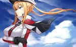  asya blonde_hair blue_eyes cape clouds gloves graf_zeppelin_(kancolle) hat kantai_collection long_hair military sky tie twintails uniform 