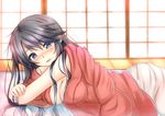  black_hair blue_eyes breasts cleavage crossed_arms houshou_(kantai_collection) indoors japanese_clothes kantai_collection kimono long_hair looking_at_viewer looking_to_the_side lying medium_breasts messy_hair on_side open_clothes open_kimono open_mouth ponytail sazamiso_rx smile solo 