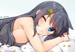  adyisu area_aquamarine bare_shoulders black_hair blue_eyes blush breasts commentary_request hair_ornament large_breasts long_hair looking_at_viewer lying on_stomach one_eye_closed original sideboob simple_background smile solo twitter_username 