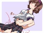  blush bra brown_eyes brown_hair hairband hemogurobin_a1c jitome looking_at_viewer midriff panties pantyshot pantyshot_(standing) puffy_short_sleeves puffy_sleeves purple_hairband shirt short_sleeves skirt solo standing torn_clothes torn_shirt torn_skirt touhou tsukumo_yatsuhashi underwear white_bra white_panties 