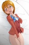  bed_sheet blazer blush bottomless bow bowtie brown_eyes brown_hair brown_jacket futari_wa_precure jacket lying manji_(tenketsu) masturbation misumi_nagisa on_back open_mouth precure school_uniform short_hair sketch solo verone_gakuin_school_uniform 