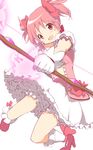  blush bow bow_(weapon) gloves hair_bow highres kaname_madoka magical_girl mahou_shoujo_madoka_magica pachi_(sugiyama0306) petticoat pink_eyes pink_hair short_hair simple_background solo twintails weapon white_background white_gloves 