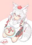  absurdres animal_ears birthday_cake cake cube85 fang food fruit happy_birthday hat heart highres inubashiri_momiji kneeling plate red_eyes signature silver_hair smile solo strawberry tail tokin_hat touhou white_hair wolf_ears wolf_tail 