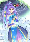  black_hat blue_bow blue_choker blue_eyes blue_ribbon bow bracelet braid bridal_gauntlets brooch choker cowboy_shot crown_braid cure_magical hair_ribbon hat highres izayoi_liko jewelry long_hair looking_at_viewer magical_girl mahou_girls_precure! midriff mini_hat mini_witch_hat ponytail precure purple_hair ribbon sapphire_(stone) sapphire_style skirt smile solo wide_ponytail witch_hat yuutarou_(fukiiincho) 