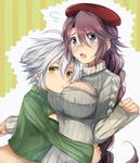  alternate_costume blue_eyes blush braid breast_pillow breasts cleavage eiyuu_densetsu emma_millstein enoki_nai fie_claussell glasses hat hug jewelry large_breasts looking_at_viewer meme_attire multiple_girls necklace open-chest_sweater purple_hair sen_no_kiseki sen_no_kiseki_2 silver_hair simple_background sweater upper_body yellow_eyes 