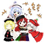  +++ 4girls :d ? ?? ^_^ black_shirt blonde_hair blue_eyes blue_hair blush_stickers chain closed_eyes clothes_writing collar commentary_request eyebrows flying_sweatdrops glomp green_hair grin harusame_(unmei_no_ikasumi) hat hecatia_lapislazuli hug lunasa_prismriver lyrica_prismriver merlin_prismriver multicolored_clothes multicolored_skirt multiple_girls off-shoulder_shirt off_shoulder official_style open_mouth red_eyes red_hair shirt short_hair simple_background skirt smile sweatdrop teeth touhou white_background zun_(style) 