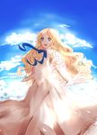  blonde_hair blue_eyes blue_ribbon cloud day dress highres long_hair marnie omoide_no_marnie open_mouth ribbon solo white_dress yumiee_mahiro 