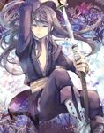  arm_up bangs boots floating_hair hair_between_eyes holding holding_sword holding_weapon knee_boots long_hair long_sleeves looking_at_viewer male_focus obi purple_eyes purple_hair sash scabbard sheath shunatsu_(shisui) sidelocks solo sword tales_of_(series) tales_of_vesperia two-handed unsheathing weapon yuri_lowell 