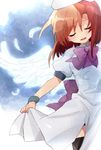  angel_wings beret black_legwear bow closed_eyes dress dress_lift feathered_wings feathers hat higurashi_no_naku_koro_ni nuancho open_mouth orange_hair ryuuguu_rena short_hair sky smile solo thighhighs white_wings wings 