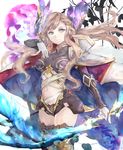  blush bow_(weapon) breasts brown_eyes brown_hair cowboy_shot electricity granblue_fantasy holding holding_bow_(weapon) holding_sword holding_weapon long_hair looking_at_viewer medium_breasts navel shunatsu_(shisui) simple_background smile solo song_(granblue_fantasy) standing sword very_long_hair weapon white_background 