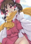  blush bow breath brown_hair chikado detached_sleeves duplicate hair_bow hair_tubes hakurei_reimu looking_at_viewer no_panties open_mouth out-of-frame_censoring red_bow red_eyes ribbon_trim scarf solo touhou 