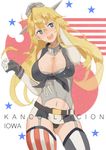  :d absurdres american_flag_legwear belt black_panties blonde_hair blue_eyes breasts character_name cleavage copyright_name gloves headgear highres ikz97 iowa_(kantai_collection) kantai_collection large_breasts long_hair looking_at_viewer microskirt midriff navel open_mouth panties skirt smile solo star star-shaped_pupils symbol-shaped_pupils teeth thighhighs underwear 