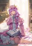  book bookshelf coat crescent hair_ribbon hat kishiyo long_hair long_sleeves looking_at_viewer mob_cap open_clothes open_coat patchouli_knowledge purple_eyes purple_hair revision ribbon sitting solo touhou tress_ribbon very_long_hair wide_sleeves yokozuwari 