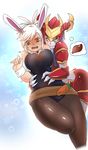  absurdres armor battle_bunny_riven blue_hair breasts brown_eyes bunnysuit helmet highres hug large_breasts league_of_legends long_hair moonjunk multiple_girls nervous pantyhose ponytail purple_skin riven_(league_of_legends) short_hair shyvana smile sweat tears thought_bubble waist_hold waist_hug white_hair wrist_cuffs yellow_eyes yuri 