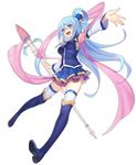  aqua_(konosuba) blue_eyes blue_footwear blue_hair blue_legwear boots detached_sleeves full_body hagoromo hair_ornament hair_ribbon kono_subarashii_sekai_ni_shukufuku_wo! long_hair long_sleeves open_mouth outstretched_arms pen_(steelleets) polearm ribbon shawl shirt skirt smile solo thigh_boots thighhighs thighs transparent_background very_long_hair weapon white_legwear zettai_ryouiki 