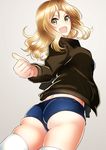  akai_kagerou ass blonde_hair denim denim_shorts from_behind girls_und_panzer grey_background jacket kay_(girls_und_panzer) long_hair long_sleeves looking_at_viewer looking_back military military_uniform open_mouth saunders_military_uniform short_shorts shorts skindentation smile solo standing thighhighs thumbs_up uniform white_legwear yellow_eyes 