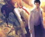  1girl black_hair blue_eyes brown_eyes brown_hair closed_eyes huke labcoat makise_kurisu necktie official_art okabe_rintarou one_eye_closed pen_in_pocket red_neckwear shirt steins;gate white_shirt 