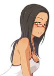  1girl bare_shoulders black_hair breasts camisole cleavage dark_skin from_side glasses green_eyes highres looking_at_viewer open_mouth original red-framed_glasses solo solvalou strap_gap upper_body white_background 