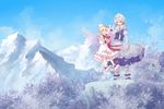  blonde_hair day dress fairy_wings hat highres ko_kita landscape lavender_hair letty_whiterock lily_white long_hair mountain multiple_girls scarf scenery short_hair sky snow touhou wings 