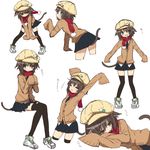  absurdres animal_ears arms_up bent_over black_legwear blue_eyes blush brown_hair cabbie_hat cardigan cat_ears cat_tail cropped_legs dorothy_(tadashi1013) hat highres long_sleeves looking_at_viewer lying multiple_views on_side open_mouth original pan_koujou pigeon-toed pom_pom_(clothes) red_scarf scarf school_uniform shoes short_hair simple_background sitting skirt sleeves_past_wrists sneakers spread_legs standing tail thighhighs white_background zettai_ryouiki 