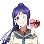  blue_hair blush box chocolate chocolate_heart gift grin heart heart-shaped_box kazuma_(theworld000021) long_hair looking_at_viewer love_live! love_live!_school_idol_project love_live!_sunshine!! matsuura_kanan official_style one_eye_closed ponytail purple_eyes ribbon school_uniform serafuku smile solo uranohoshi_school_uniform valentine 