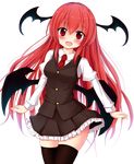  :d bat_wings black_legwear blush head_wings heart heart-shaped_pupils highres koakuma long_hair long_sleeves looking_at_viewer low_wings necktie open_mouth puffy_sleeves red_eyes red_hair shirt skirt skirt_set smile solo suigetsu_(watermoon-910) symbol-shaped_pupils thighhighs touhou transparent_background vest wings zettai_ryouiki 