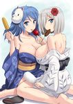  :p bare_shoulders barefoot blue_eyes blue_hair blush breasts candy_apple corn flower food fox_mask hair_flower hair_ornament hair_over_one_eye hairclip hamakaze_(kantai_collection) highres japanese_clothes kantai_collection kimono kishi_nisen large_breasts looking_at_viewer mask multiple_girls sandals_removed short_hair silver_hair tongue tongue_out urakaze_(kantai_collection) 
