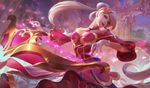  alternate_costume alternate_hair_color bare_shoulders blue_eyes breasts cleavage cleavage_cutout dress gloves hair_ornament heart heart_hair_ornament instrument league_of_legends lipstick long_hair makeup medium_breasts official_art pink_dress silver_hair solo sona_buvelle sweetheart_sona twintails 