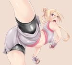  absurdres ass bare_shoulders bent_over bike_shorts bike_shorts_under_shorts blonde_hair blue_eyes clenched_hands commentary from_behind frown hair_bun highres kicking long_hair looking_back midriff nakajima_ryou open_mouth original shorts shouting solo sportswear 