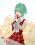  cake collared_shirt colored_eyelashes couch food glass_table green_hair honi kazami_yuuka long_skirt long_sleeves looking_at_viewer open_clothes open_vest pillow plaid plaid_skirt plaid_vest plate red_eyes red_skirt red_vest saucer shirt short_hair sipping skirt skirt_set solo table touhou vest wavy_hair white_shirt 