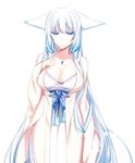  animal_ears blue_eyes breasts cleavage collarbone fox_ears fox_tail gem gradient_hair hand_on_own_chest hikimayu konshin large_breasts long_hair looking_at_viewer multicolored_hair obi orie_mishiro pixiv_fantasia sash simple_background snowflakes solo tail very_long_hair white_background white_hair 