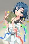  blue_hair blush book confetti hige_(com) holding holding_book idolmaster idolmaster_million_live! looking_at_viewer nanao_yuriko open_mouth short_hair solo streamers wavy_mouth yellow_eyes 