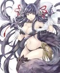  animal_ears bangs bare_shoulders bell blunt_bangs blush breasts cleavage cowboy_shot erune fur granblue_fantasy groin hair_bell hair_ornament hand_gesture large_breasts long_hair looking_at_viewer midriff navel open_mouth shunatsu_(shisui) sidelocks smile solo stomach vambraces very_long_hair white_background yuel_(granblue_fantasy) 