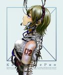  android bangs blonde_hair blue_background blue_eyes border cable character_name cyberpunk damaged earphones eyelashes from_side headset itou kagamine_rin makeup number open_mouth pink_lips profile ribs russian short_hair sleeveless solo spine swept_bangs tattoo translated upper_body vocaloid 