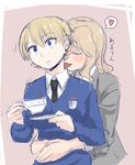  arms_around_waist black_neckwear blonde_hair blue_eyes blue_sweater blush cup darjeeling dress_shirt girls_und_panzer heart kay_(girls_und_panzer) licking long_hair multiple_girls necktie nigatsu_(fevrali) pink_background saucer saunders_school_uniform shirt short_hair sketch spoken_heart st._gloriana's_school_uniform sweater teacup tongue tongue_out translated trembling uniform v-neck white_shirt yuri 