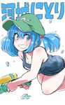  :d bare_shoulders blue_eyes blue_hair blush breasts cleavage collarbone flat_cap green_hat grin hair_bobbles hair_ornament hat highres kawashiro_nitori looking_at_viewer medium_breasts one-piece_swimsuit open_mouth school_swimsuit sidelocks simple_background smile solo swimsuit teeth touhou twintails water_drop water_gun white_background zk_(zk_gundan) 